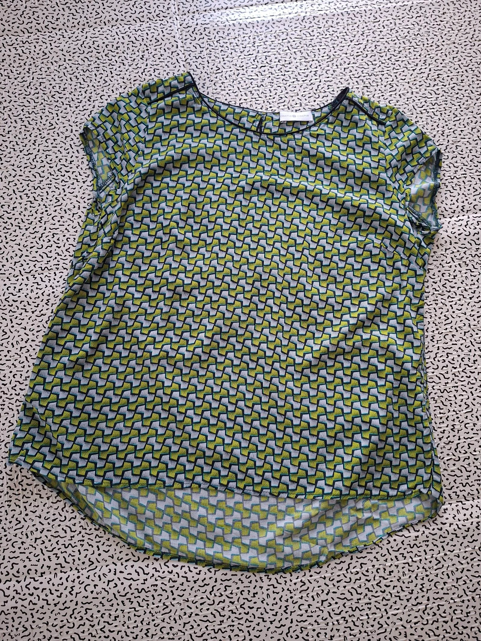 Blusa Cache Cache T1 S con estampado geométrico verde azul mangas cortas fluida para mujer – photo 5